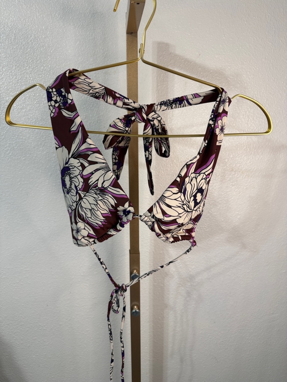 Floral Tie-Back Bikini Top in Plum and Cream- Small